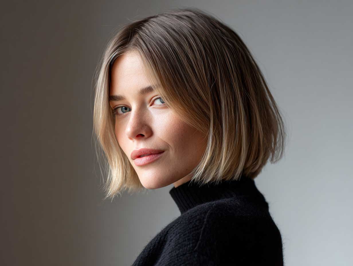 asymmetrical haircut on woman with cool ash blonde thin straight hair, ordinary face, soft flowing side, casual outfit, simple indoor background, realistic texture