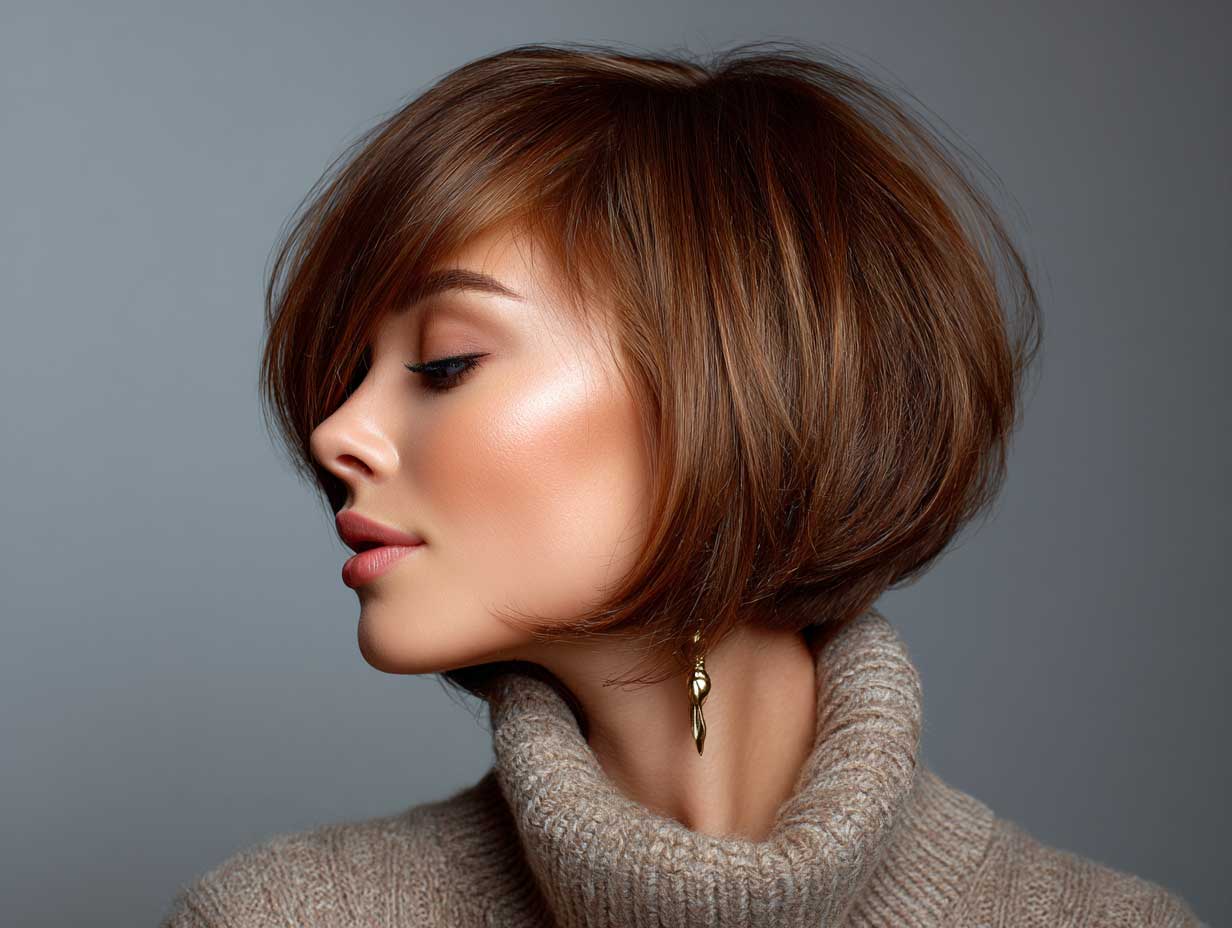 natural chestnut brown inverted haircut, thin straight hair with front swoop, voluminous crown, soft studio light, realistic style, side profile, beauty shot