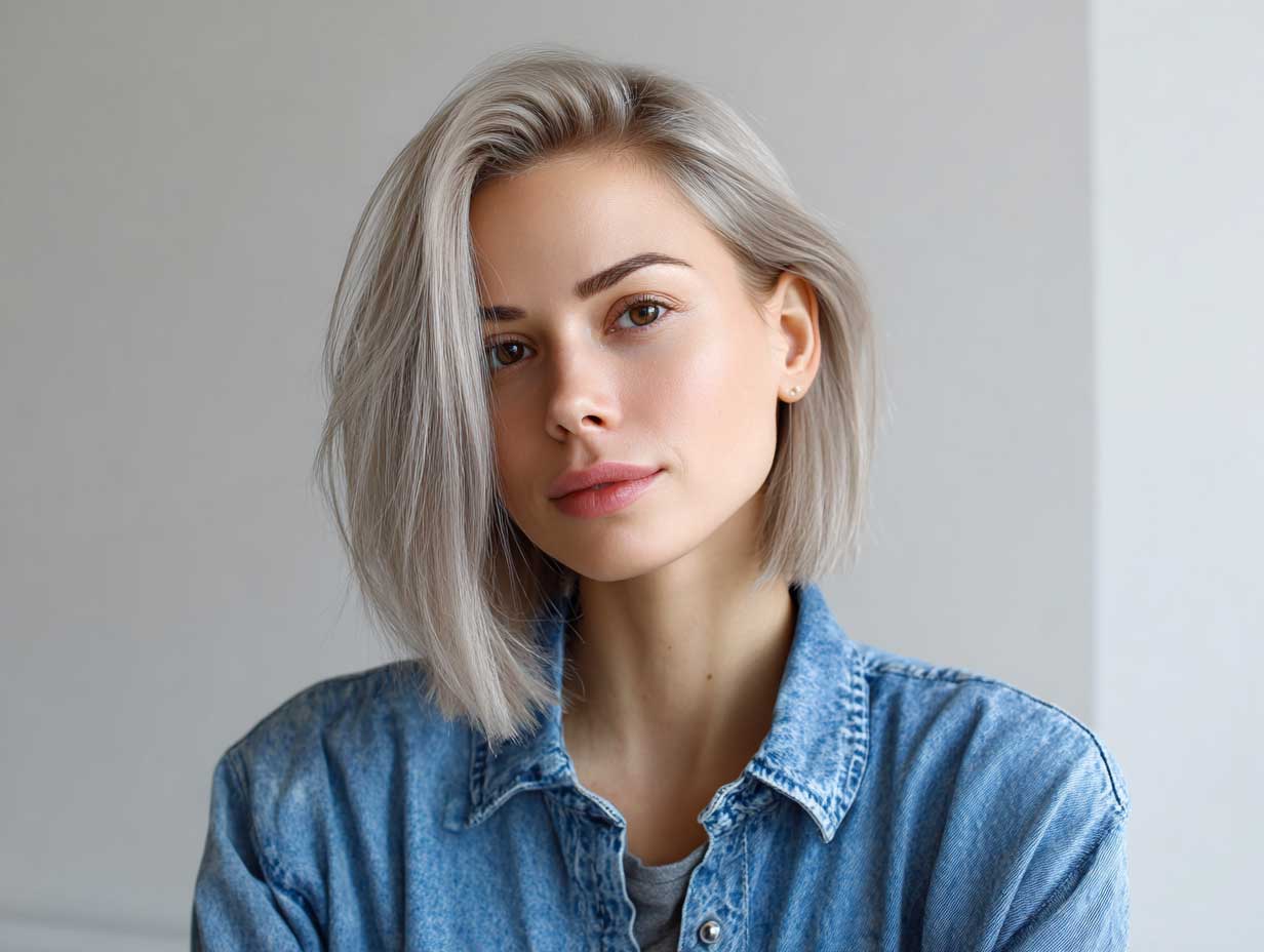 asymmetrical haircut on woman with cool ash blonde thin straight hair, ordinary face, soft flowing side, casual outfit, simple indoor background, realistic texture