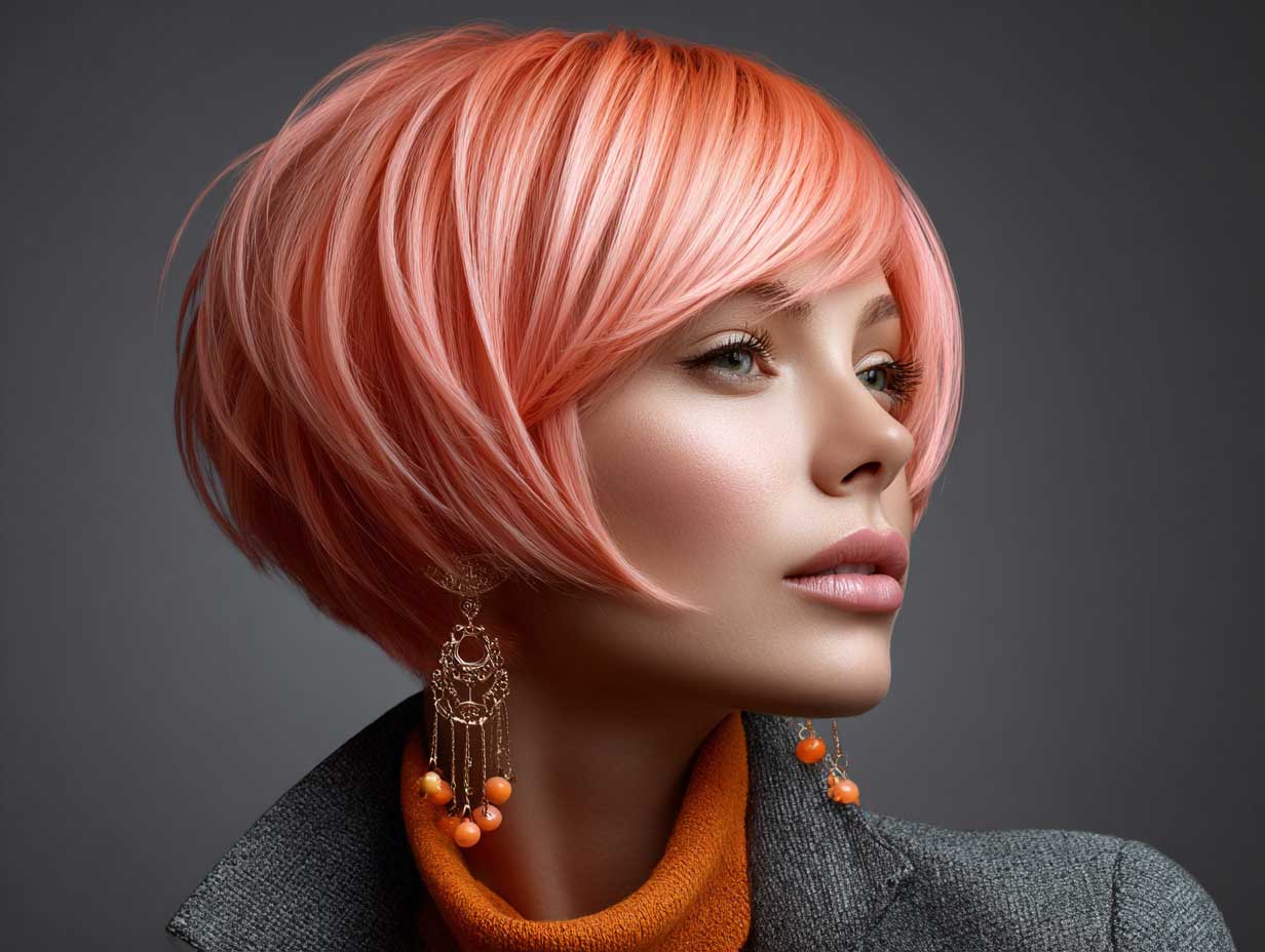 woman with bright peach inverted haircut, graduated back layers, fine straight hair, bold style, artistic background, fashion-forward studio photography, glowing skin