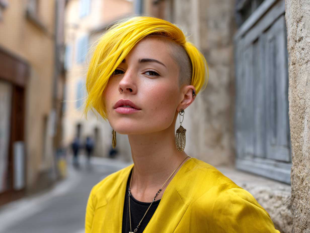bright lemon yellow asymmetrical haircut with side undercut, straight fine hair, real person’s face, streetwear style, urban background, bold edgy vibe