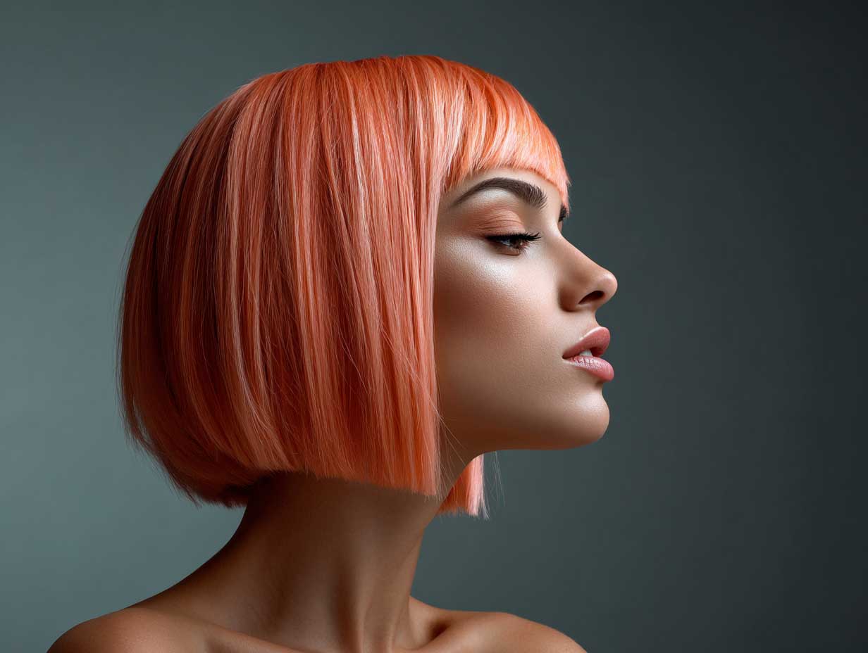  woman with bright peach inverted haircut, graduated back layers, fine straight hair, bold style, artistic background, fashion-forward studio photography, glowing skin