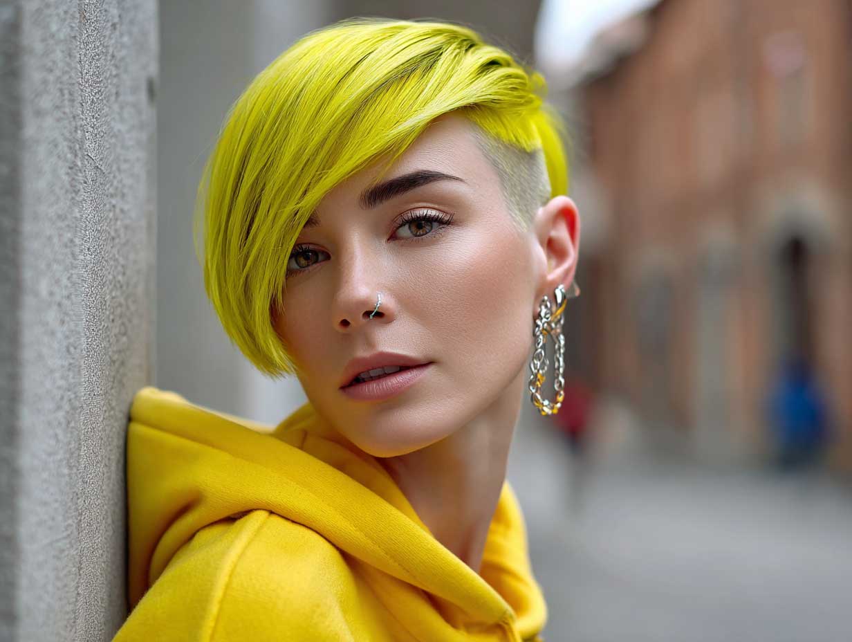 bright lemon yellow asymmetrical haircut with side undercut, straight fine hair, real person’s face, streetwear style, urban background, bold edgy vibe