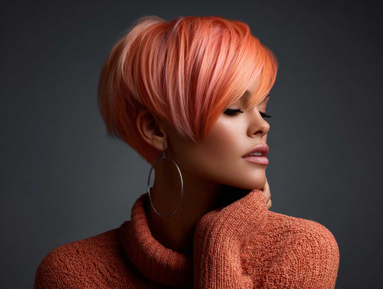  woman with bright peach inverted haircut, graduated back layers, fine straight hair, bold style, artistic background, fashion-forward studio photography, glowing skin