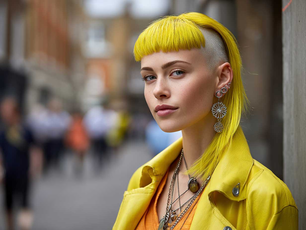 bright lemon yellow asymmetrical haircut with side undercut, straight fine hair, real person’s face, streetwear style, urban background, bold edgy vibe