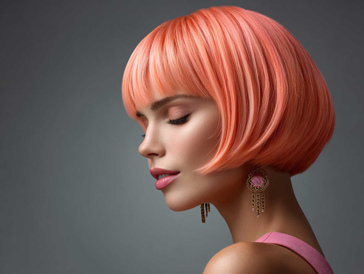  woman with bright peach inverted haircut, graduated back layers, fine straight hair, bold style, artistic background, fashion-forward studio photography, glowing skin