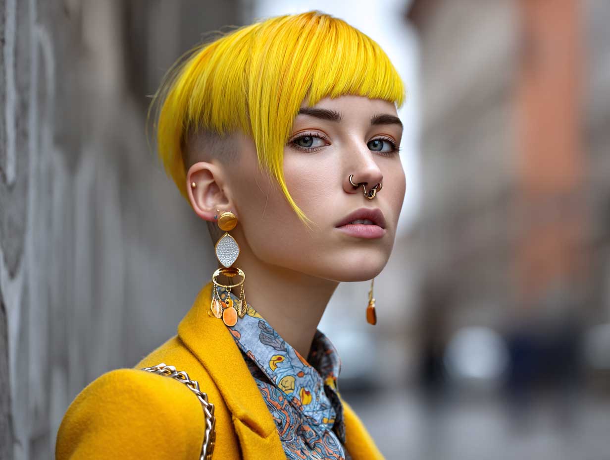bright lemon yellow asymmetrical haircut with side undercut, straight fine hair, real person’s face, streetwear style, urban background, bold edgy vibe