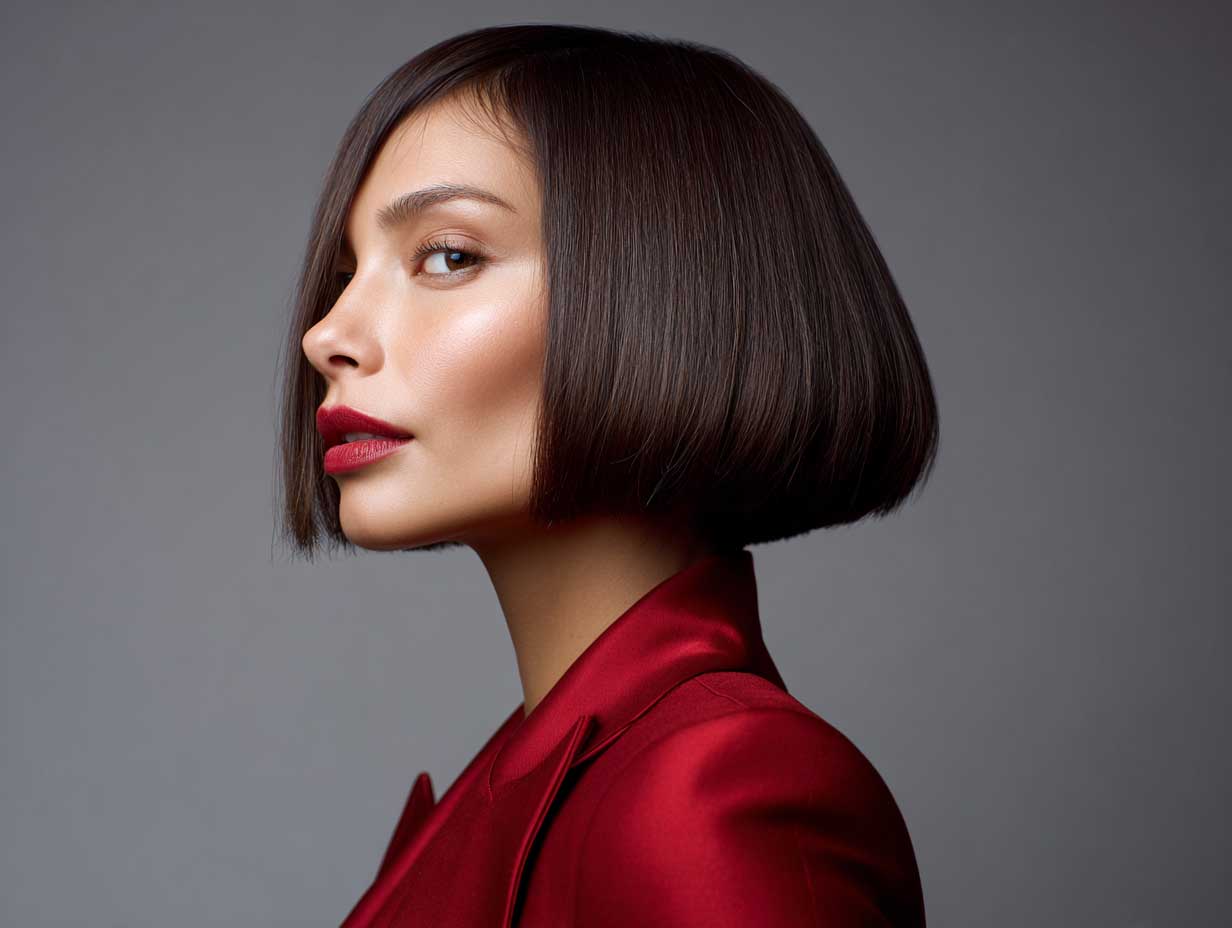 woman with thin straight hair in crimson inverted bob, subtle hidden layering, sharp angle at jawline, sleek and polished look, minimal background, clean beauty portrait