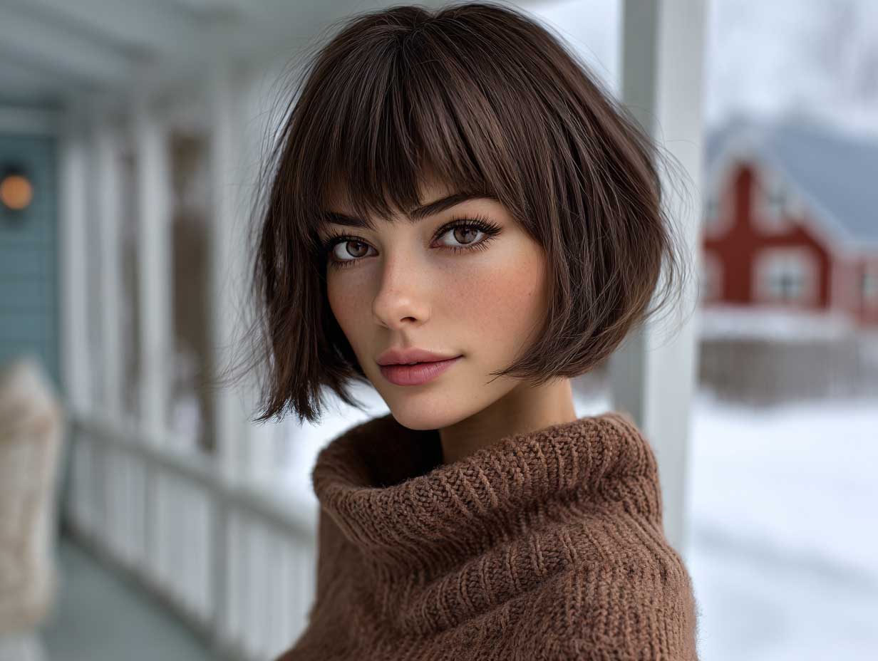 warm mocha brown asymmetrical haircut, angular side bangs, fine straight hair, woman with average features, soft daylight, cozy sweater, suburban setting, lifelike realism