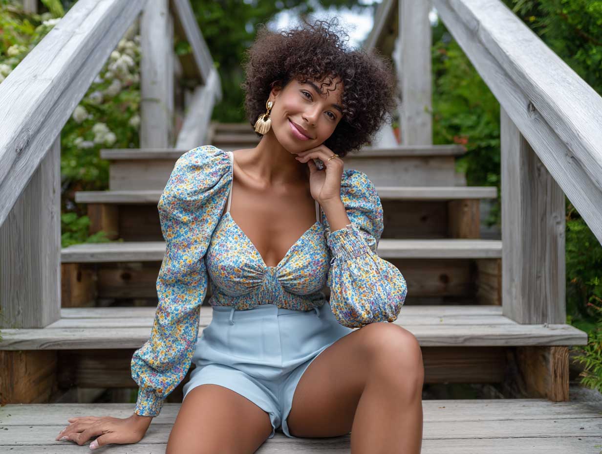 cheerful woman showing soft bump in floral puff sleeve top and light blue cotton shorts, seated on wooden steps outdoors, summer greenery, casual and playful fashion look, bright colors