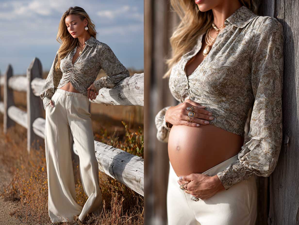 woman with soft round belly silhouette in earthy patterned blouse and cream wide leg pants, standing outdoors near rustic wood fence, golden sunlight, natural textures, relaxed fashion style