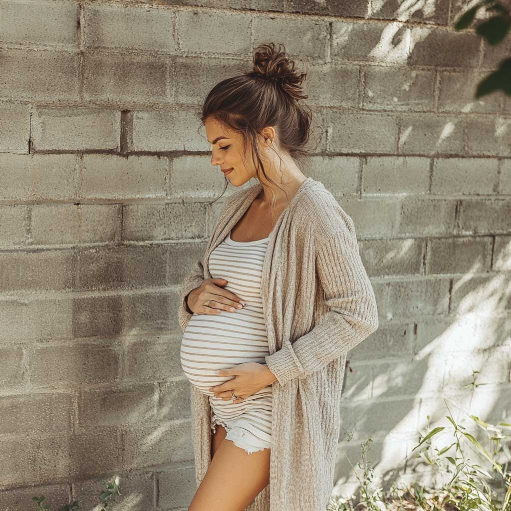 outdoor shot of pregnant model walking near brick wall, wearing long flowy beige cardigan and striped cotton tank top, casual stylish maternity look, urban background, clean fashion composition