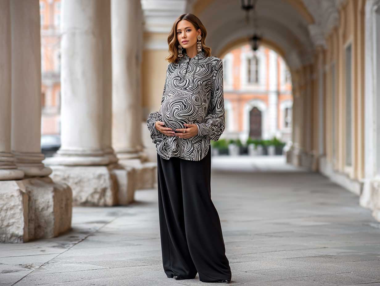 elegant woman with gentle bump outline wearing flowing abstract print blouse and black wide leg trousers, standing in city courtyard, soft lighting, chic maternity style, fashionable mood