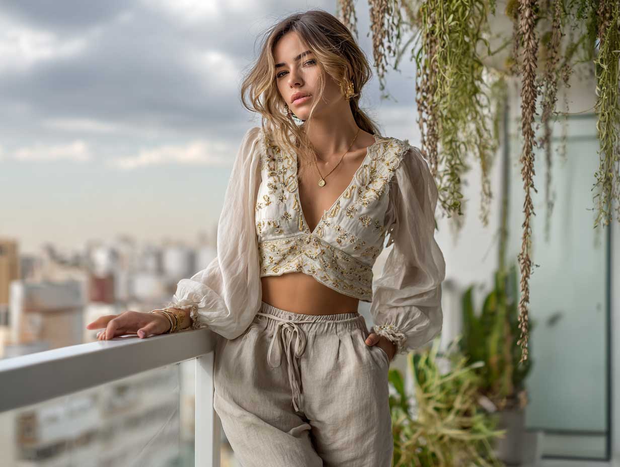 stylish woman in embroidered boho top and loose beige linen pants, leaning on a balcony with trailing plants, late afternoon light, artistic modern fashion, serene setting