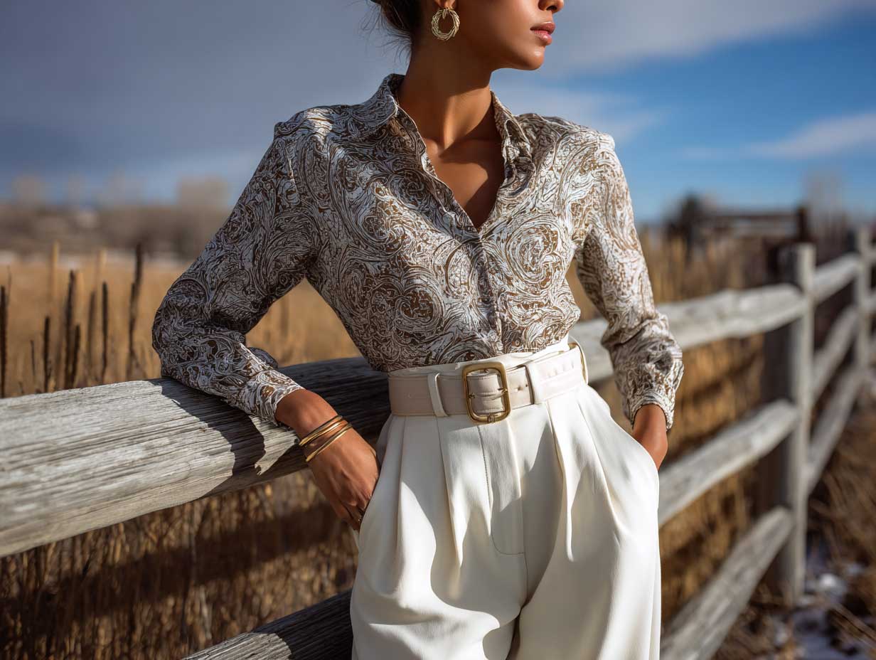 woman with soft round belly silhouette in earthy patterned blouse and cream wide leg pants, standing outdoors near rustic wood fence, golden sunlight, natural textures, relaxed fashion style