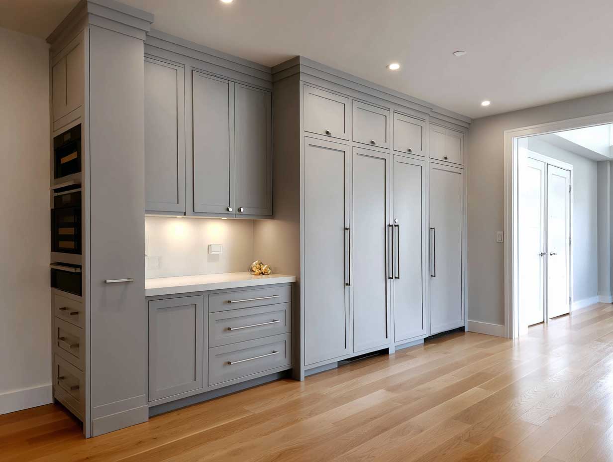 modern kitchen, custom built-in storage, floor-to-ceiling cabinetry, hidden pantry doors, clean surfaces, light grey tones, precision layout, no visible clutter