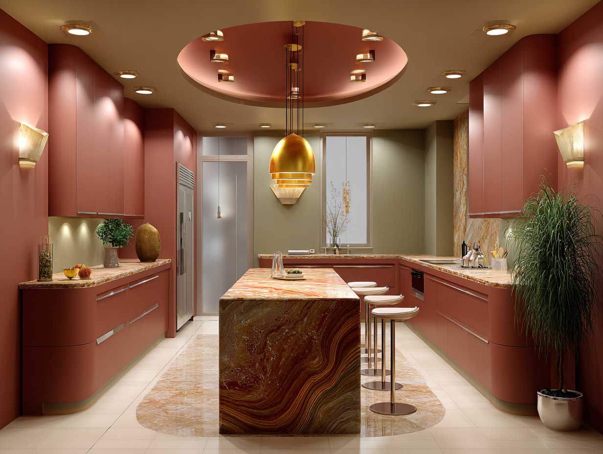 modern kitchen interior, earth tone palette with clay red and olive green, symmetrical layout, natural stone accents, warm lighting, soft curves, contemplative space