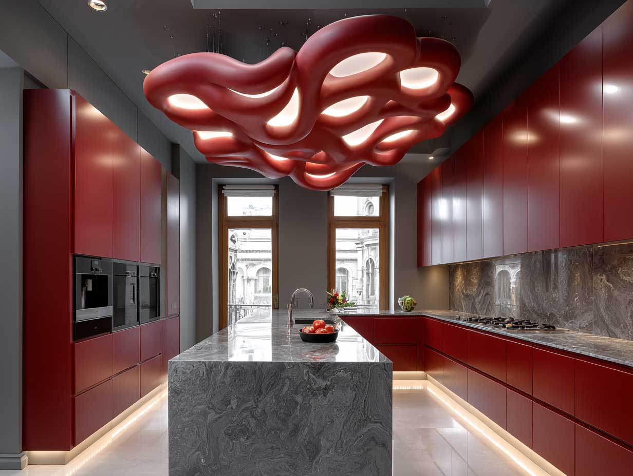modern kitchen, bold sculptural lighting fixture, matte red cabinets, marble countertops, ultra-modern interior, under-cabinet LED glow, reflective surfaces, high ceiling, sleek urban setting, no people, dramatic contrast
