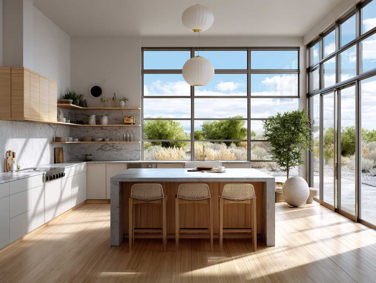 modern kitchen with large windows, natural light, minimal décor, clean white and wood finishes, unobstructed outdoor view, calm interior, meditative cooking space