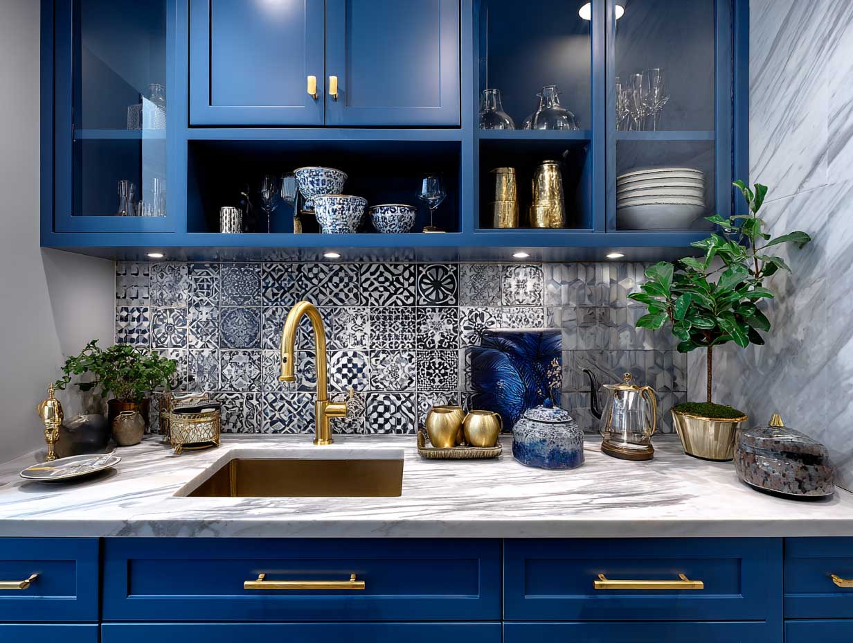 modern kitchen interior, bold patterned tile backsplash, deep blue cabinets, brass fixtures, marble countertops, artistic details, no people, vibrant lighting, clean design, strong visual focus on backsplash