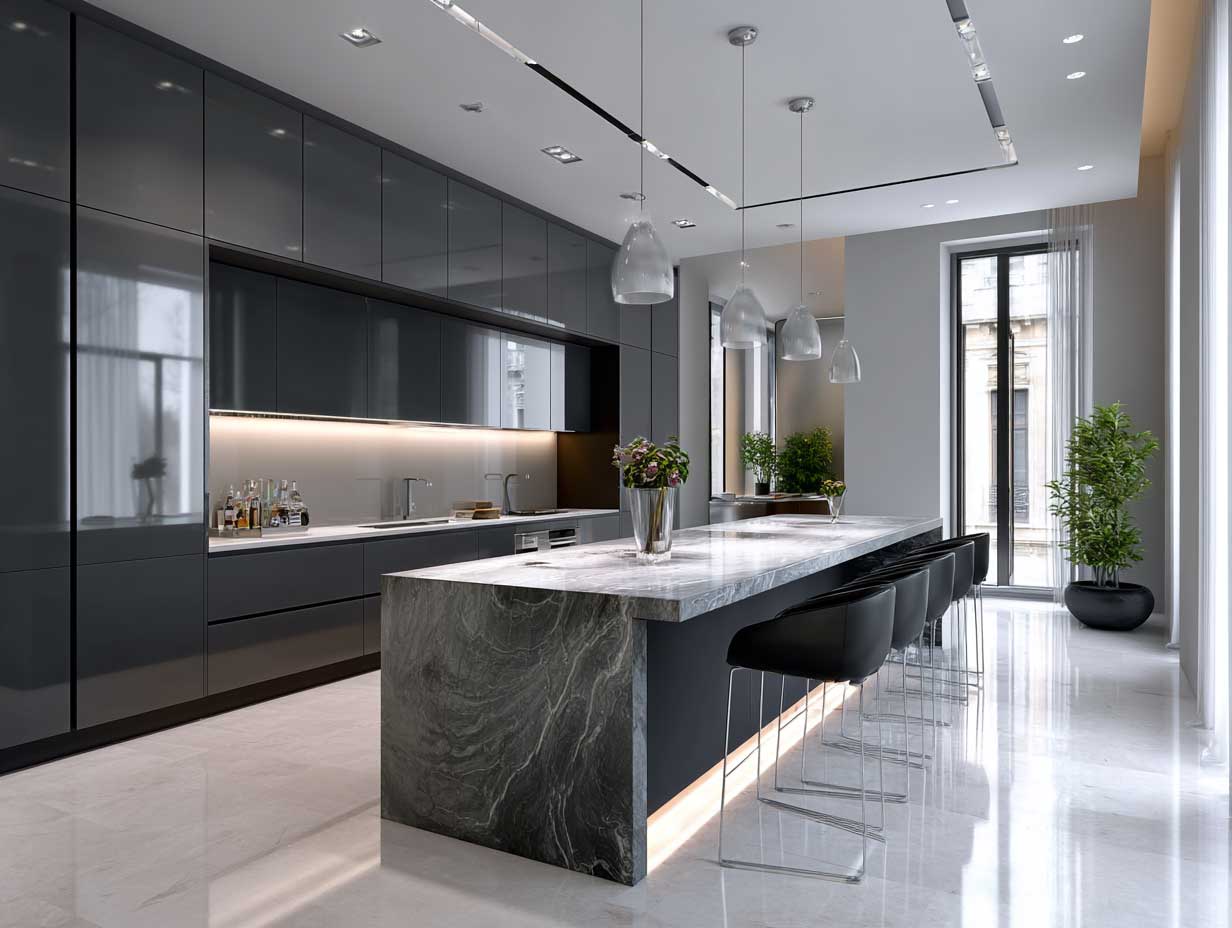 modern kitchen, monochrome black and white palette, sleek linear layout, matte surfaces, soft underlighting, perfect alignment, high-end minimalist aesthetic