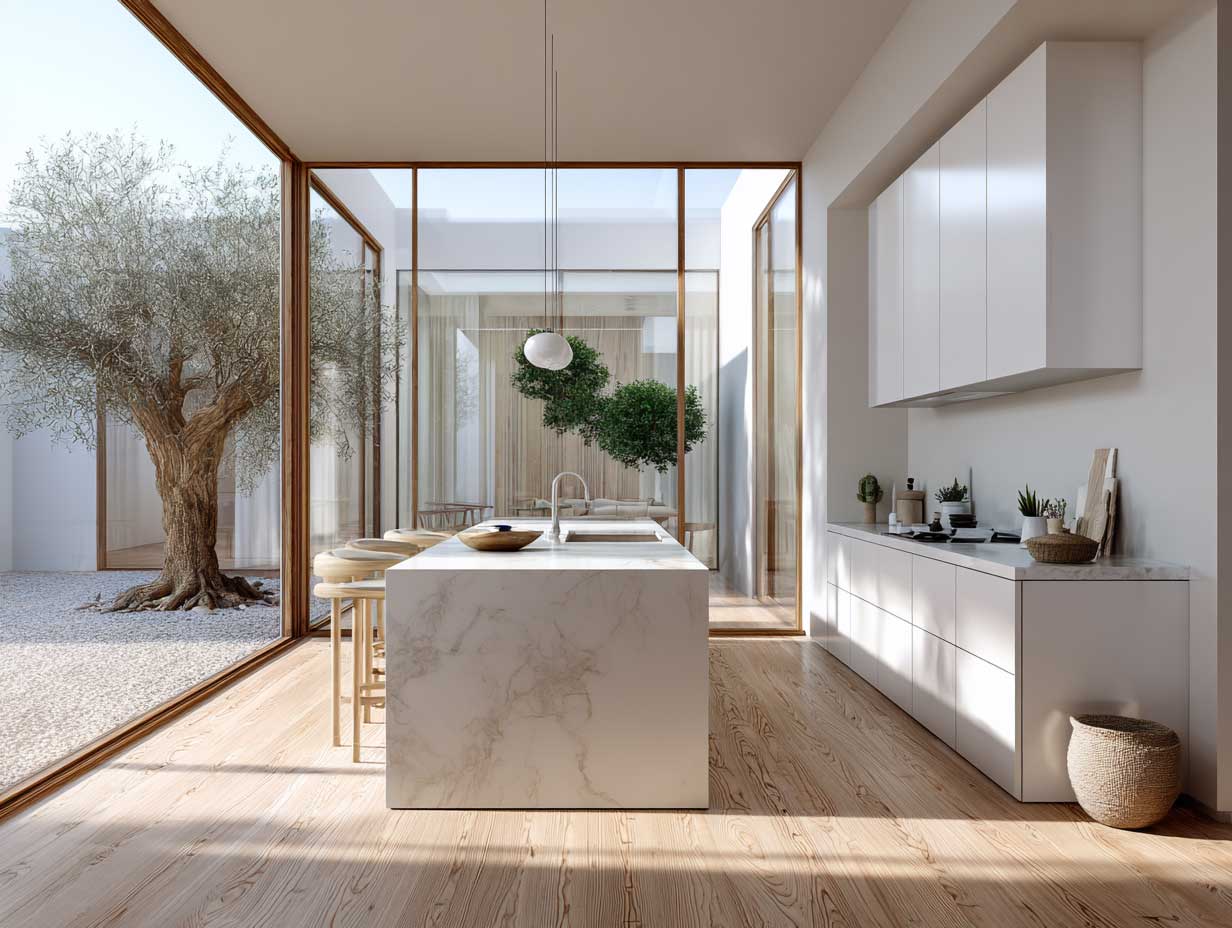 modern kitchen with large windows, natural light, minimal décor, clean white and wood finishes, unobstructed outdoor view, calm interior, meditative cooking space