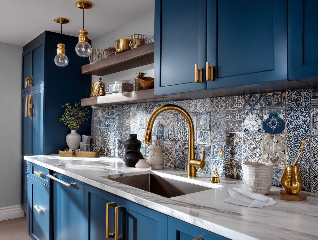 modern kitchen interior, bold patterned tile backsplash, deep blue cabinets, brass fixtures, marble countertops, artistic details, no people, vibrant lighting, clean design, strong visual focus on backsplash