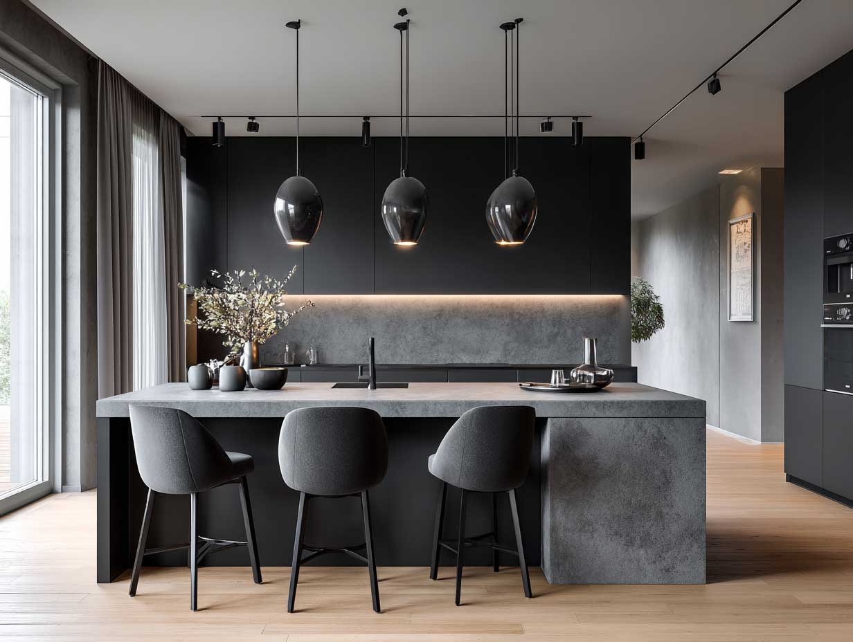modern kitchen, monochrome black and white palette, sleek linear layout, matte surfaces, soft underlighting, perfect alignment, high-end minimalist aesthetic