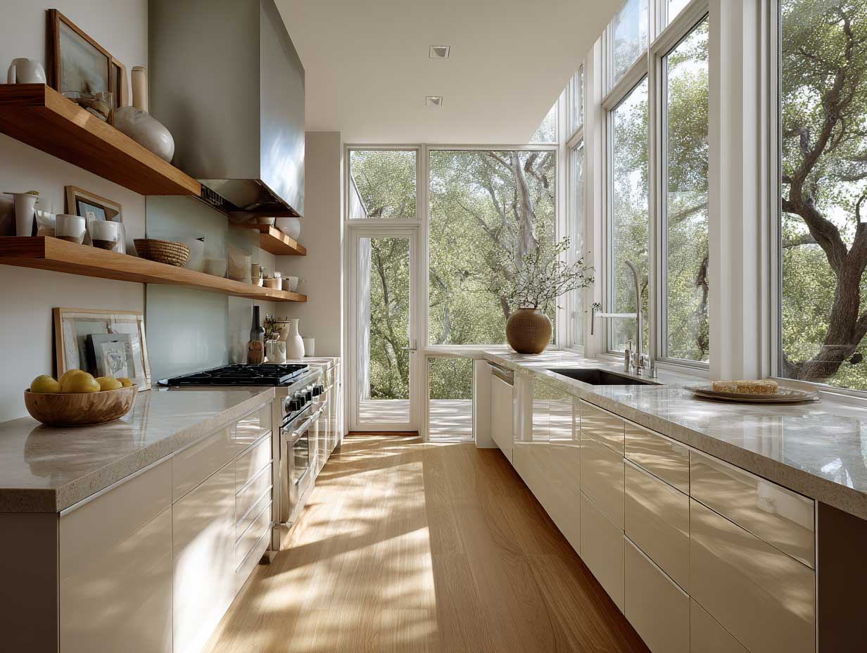 modern kitchen with large windows, natural light, minimal décor, clean white and wood finishes, unobstructed outdoor view, calm interior, meditative cooking space