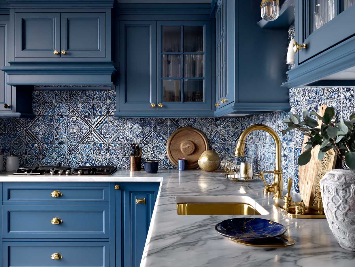 modern kitchen interior, bold patterned tile backsplash, deep blue cabinets, brass fixtures, marble countertops, artistic details, no people, vibrant lighting, clean design, strong visual focus on backsplash