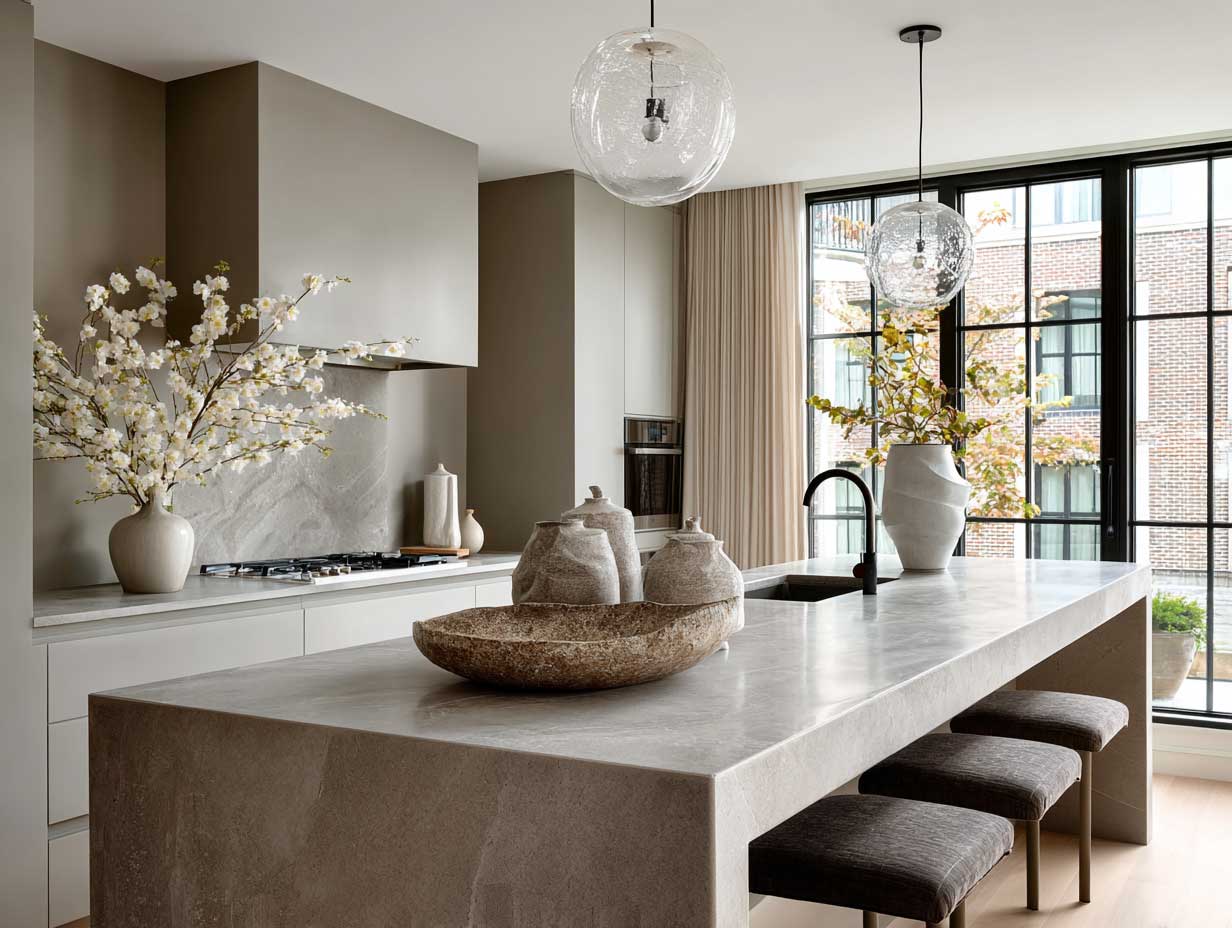 modern kitchen, neutral palette, beige and grey tones, soft matte finishes, natural textures, calming atmosphere, minimalist design, sunlight streaming in, clean layout