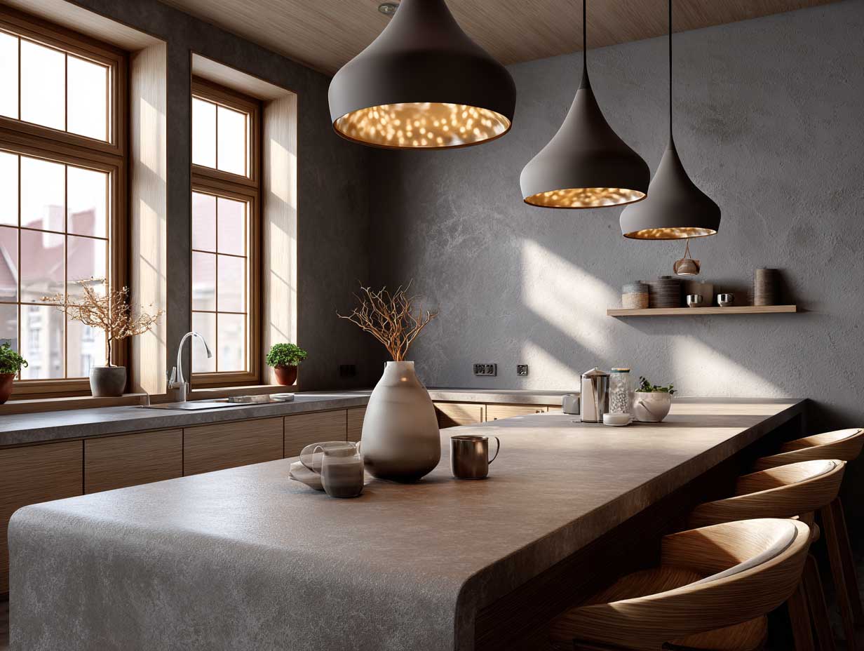 modern kitchen with warm low lighting, cozy intimate scale, wood and stone textures, pendant lights, peaceful design, matte finishes, no people, early evening ambiance