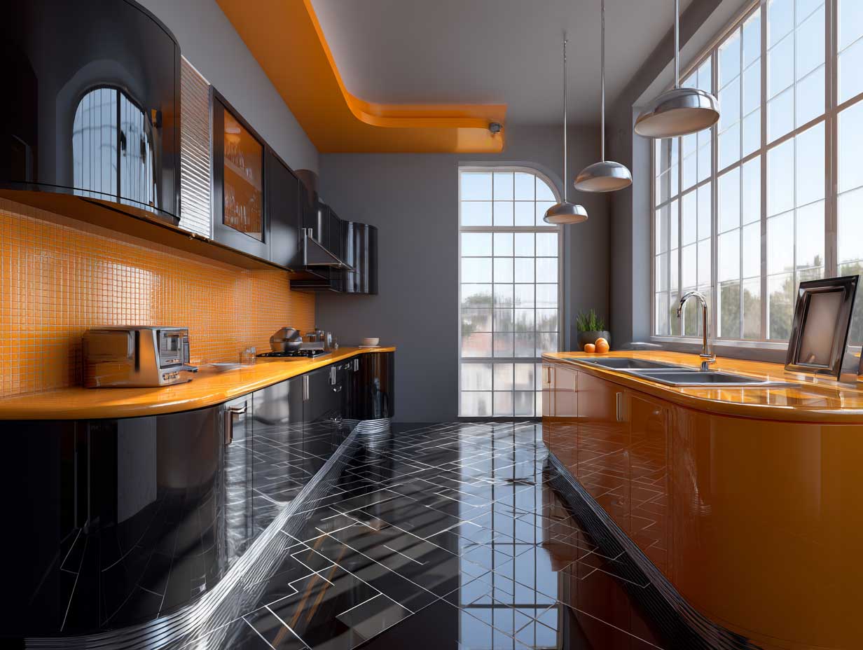modern kitchen interior color palette, glossy black cabinets with vibrant orange backsplash, stainless steel counters, angular lighting, bold geometric floor tiles, no people, sharp shadows, wide shot, clean futuristic layout