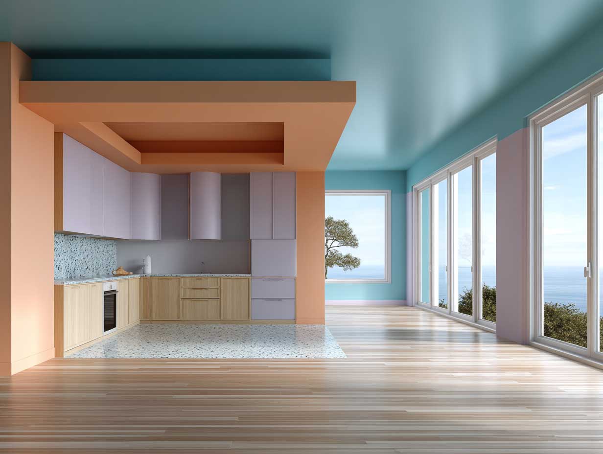 modern kitchen with painted ceiling in aqua blue, color block accent walls in peach and lilac, minimal cabinetry, large windows, artistic interior, natural light, no people
