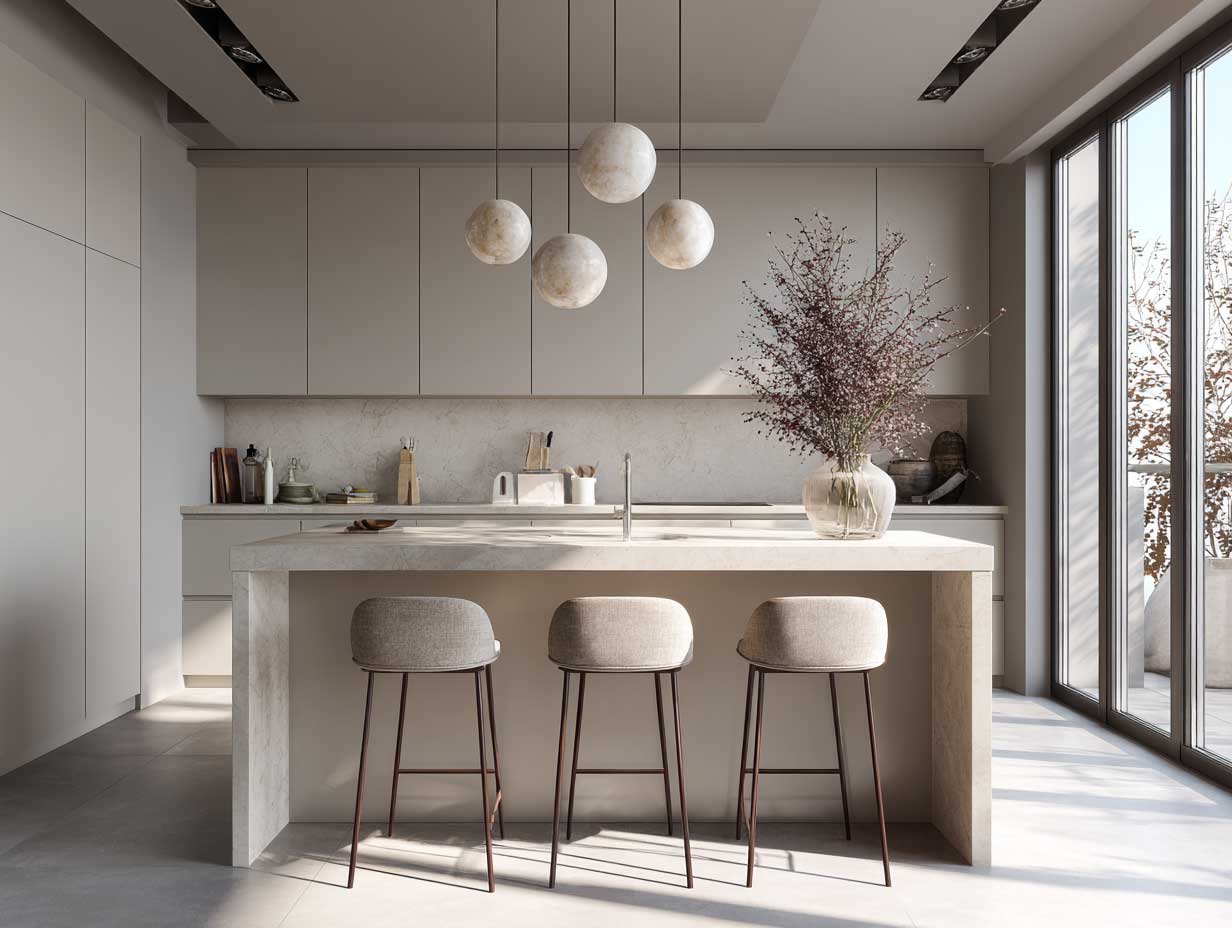 modern kitchen, neutral palette, beige and grey tones, soft matte finishes, natural textures, calming atmosphere, minimalist design, sunlight streaming in, clean layout