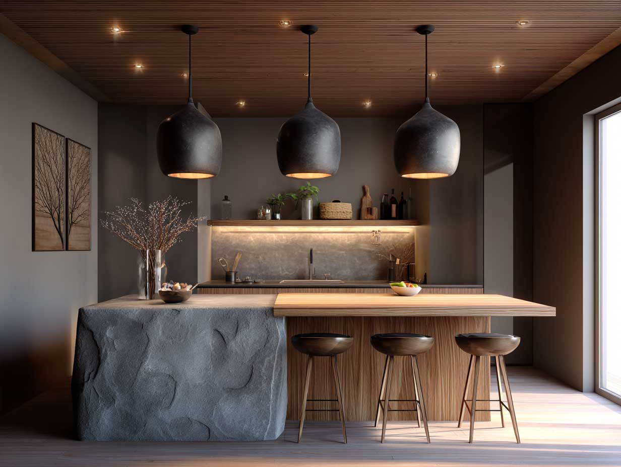 modern kitchen with warm low lighting, cozy intimate scale, wood and stone textures, pendant lights, peaceful design, matte finishes, no people, early evening ambiance