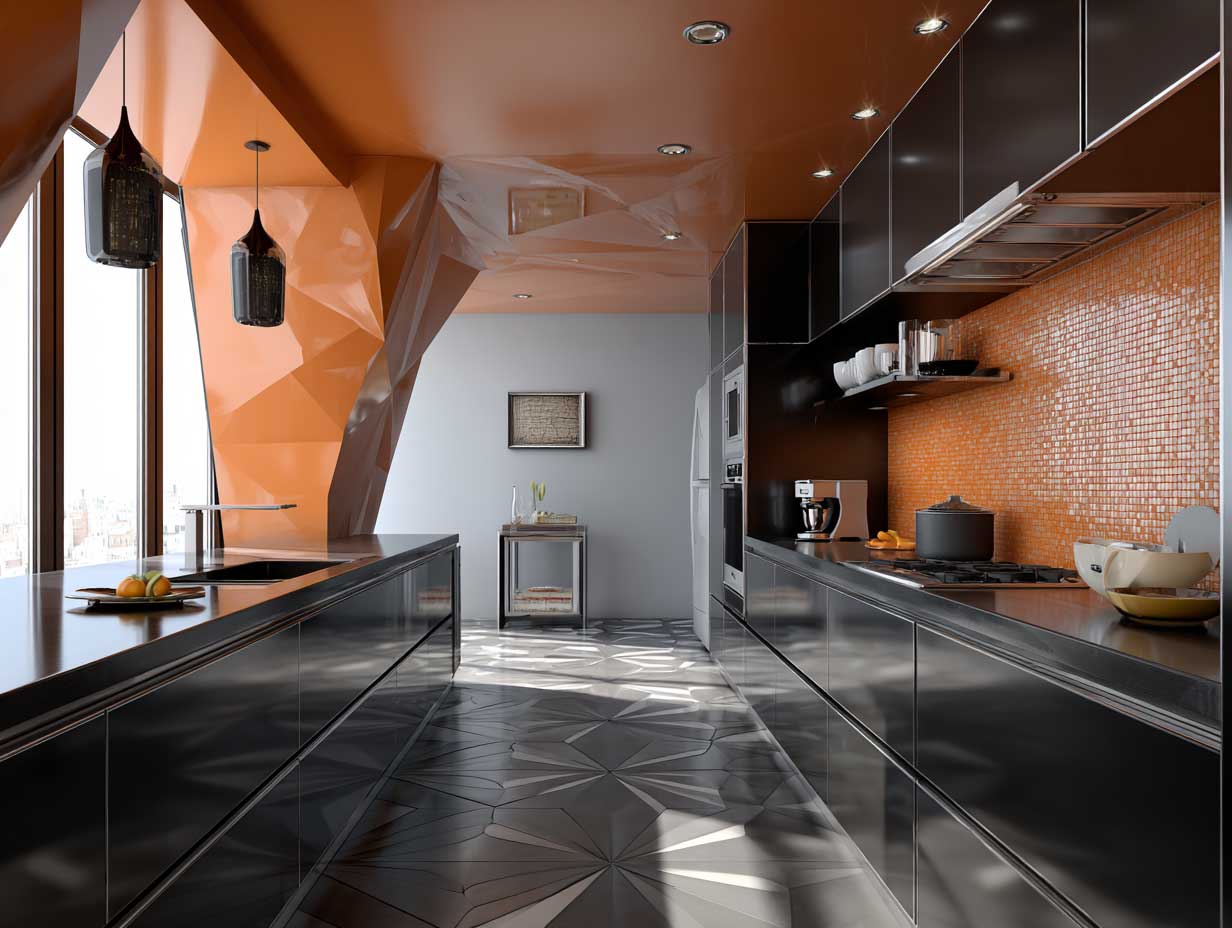 modern kitchen interior color palette, glossy black cabinets with vibrant orange backsplash, stainless steel counters, angular lighting, bold geometric floor tiles, no people, sharp shadows, wide shot, clean futuristic layout