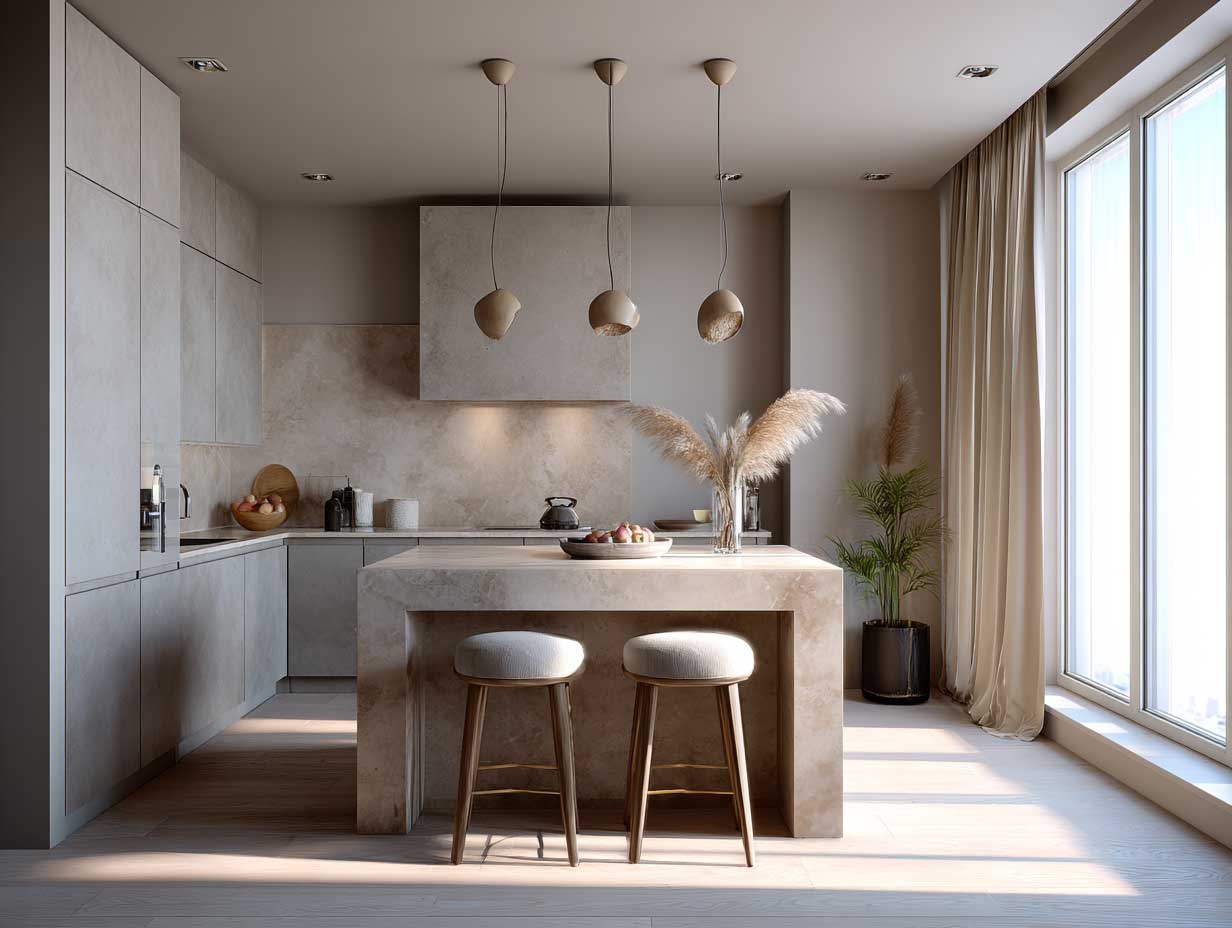 modern kitchen, neutral palette, beige and grey tones, soft matte finishes, natural textures, calming atmosphere, minimalist design, sunlight streaming in, clean layout