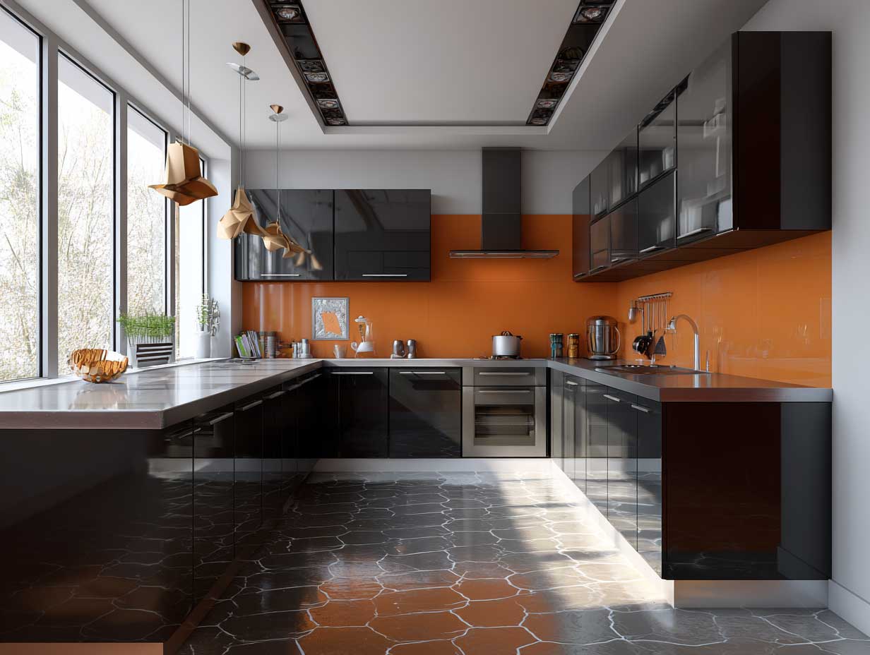 modern kitchen interior color palette, glossy black cabinets with vibrant orange backsplash, stainless steel counters, angular lighting, bold geometric floor tiles, no people, sharp shadows, wide shot, clean futuristic layout