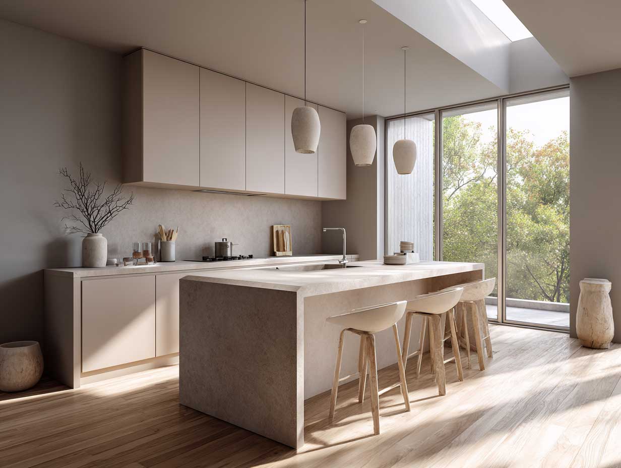 modern kitchen, neutral palette, beige and grey tones, soft matte finishes, natural textures, calming atmosphere, minimalist design, sunlight streaming in, clean layout