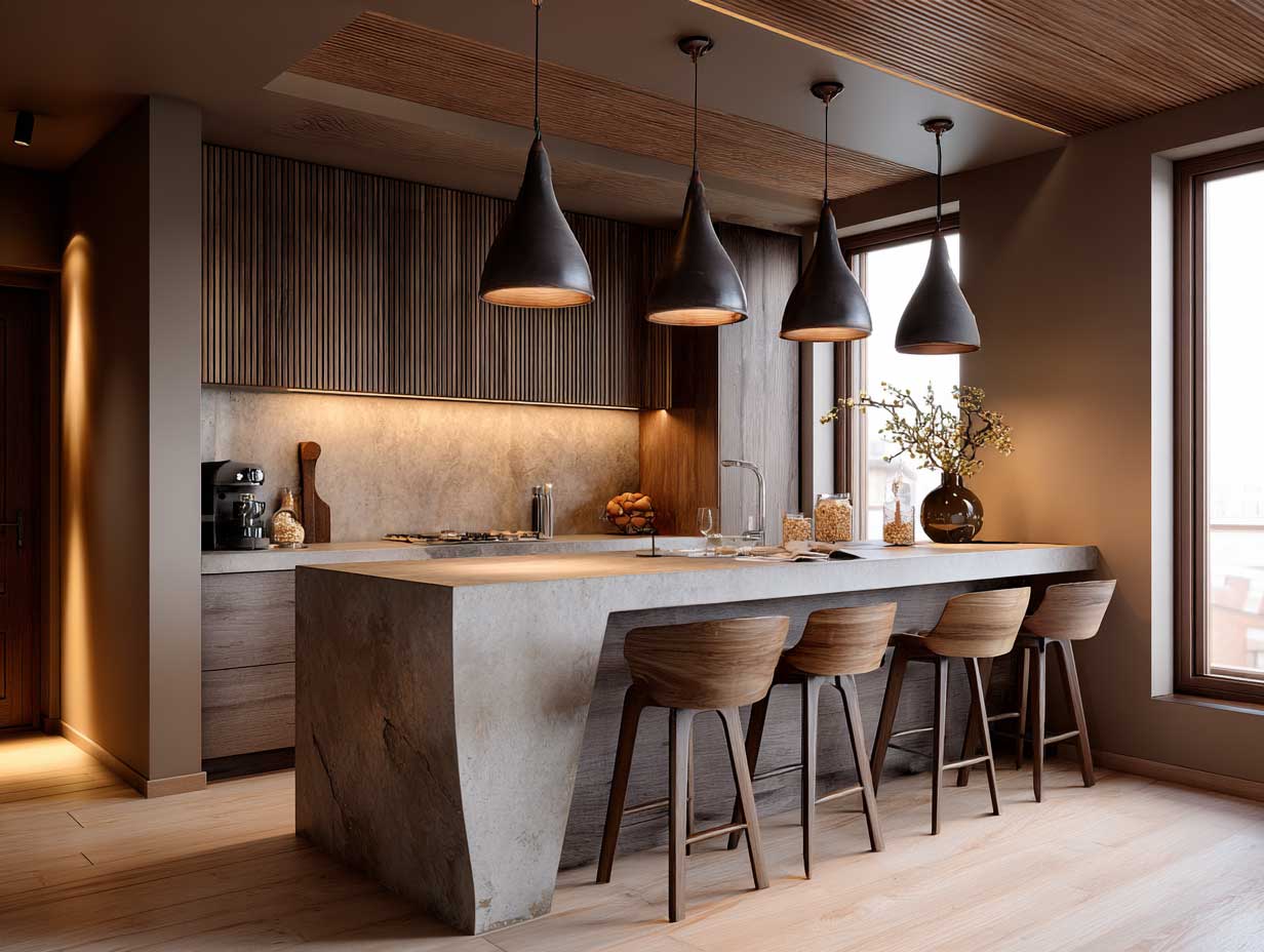 modern kitchen with warm low lighting, cozy intimate scale, wood and stone textures, pendant lights, peaceful design, matte finishes, no people, early evening ambiance