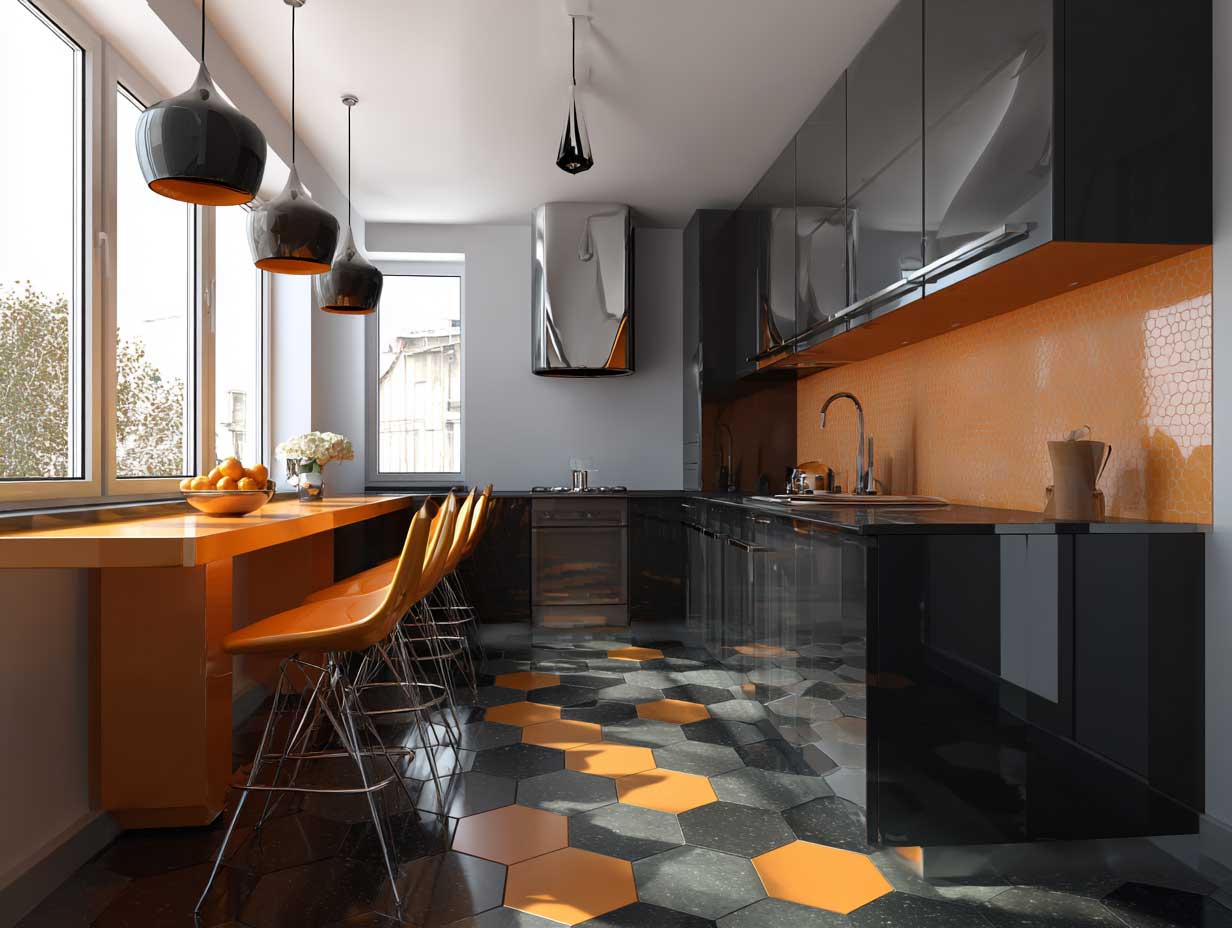 modern kitchen interior color palette, glossy black cabinets with vibrant orange backsplash, stainless steel counters, angular lighting, bold geometric floor tiles, no people, sharp shadows, wide shot, clean futuristic layout