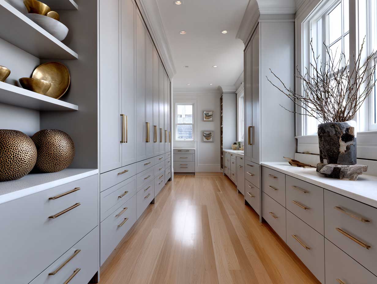 modern kitchen, custom built-in storage, floor-to-ceiling cabinetry, hidden pantry doors, clean surfaces, light grey tones, precision layout, no visible clutter