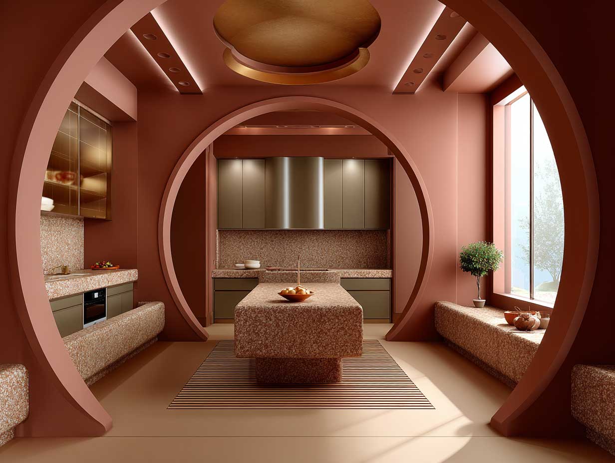 modern kitchen interior, earth tone palette with clay red and olive green, symmetrical layout, natural stone accents, warm lighting, soft curves, contemplative space