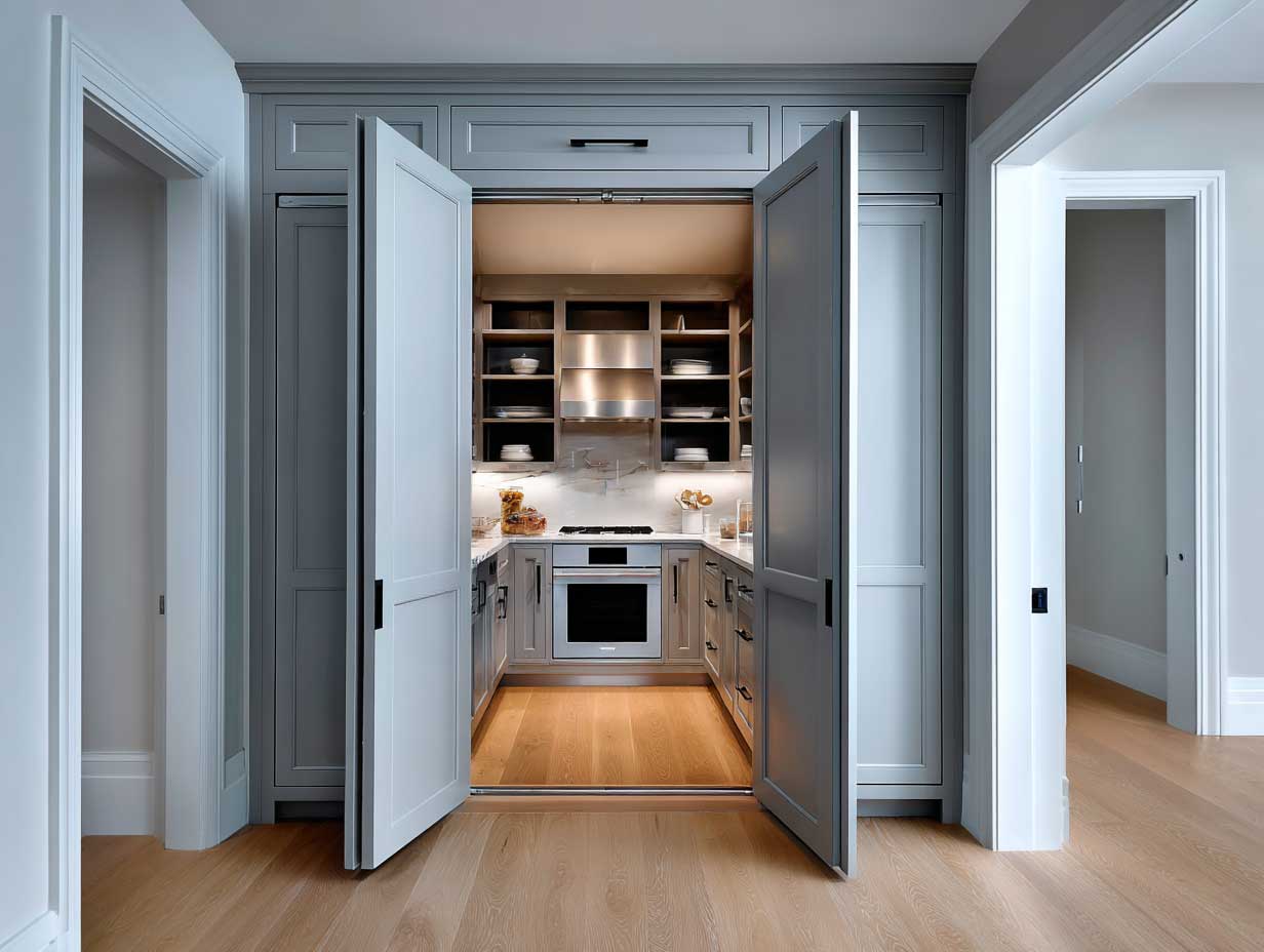 modern kitchen, custom built-in storage, floor-to-ceiling cabinetry, hidden pantry doors, clean surfaces, light grey tones, precision layout, no visible clutter