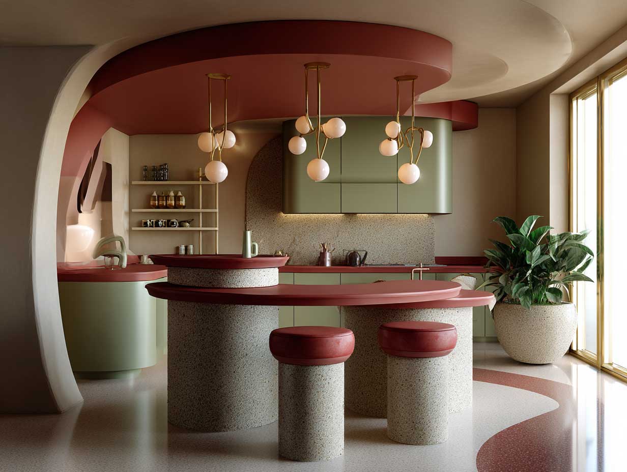 modern kitchen interior, earth tone palette with clay red and olive green, symmetrical layout, natural stone accents, warm lighting, soft curves, contemplative space