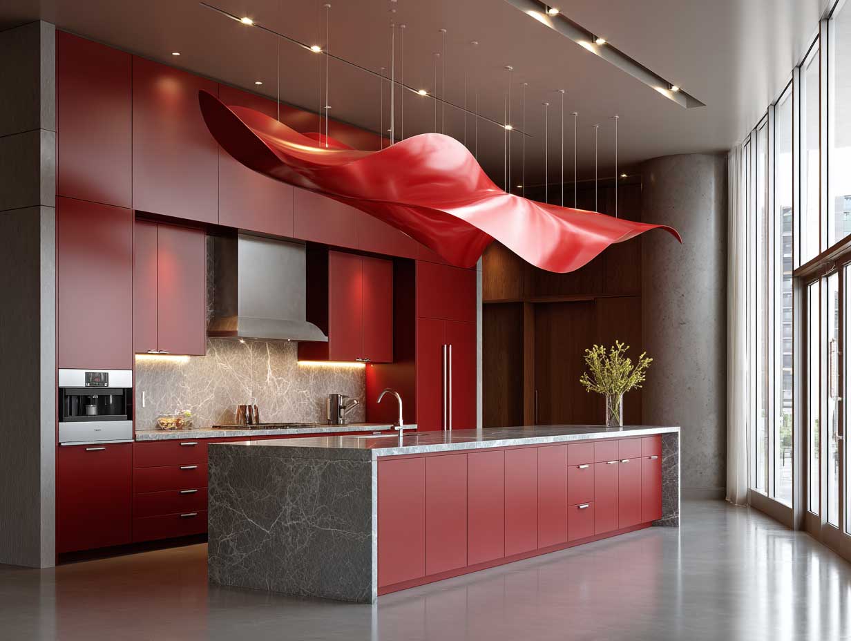 modern kitchen, bold sculptural lighting fixture, matte red cabinets, marble countertops, ultra-modern interior, under-cabinet LED glow, reflective surfaces, high ceiling, sleek urban setting, no people, dramatic contrast