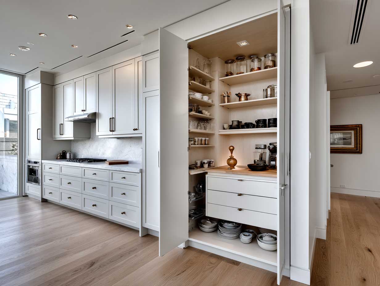 modern kitchen, custom built-in storage, floor-to-ceiling cabinetry, hidden pantry doors, clean surfaces, light grey tones, precision layout, no visible clutter