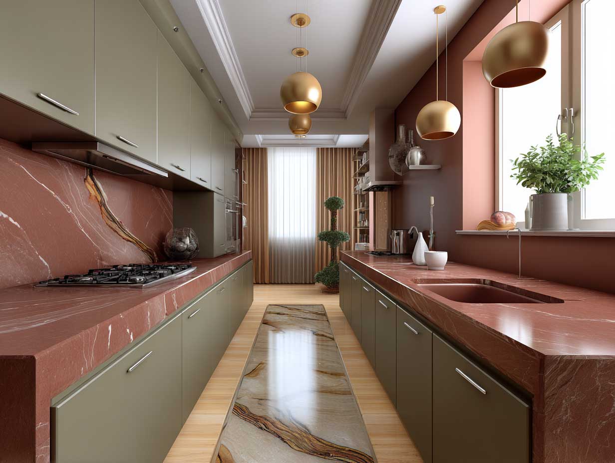 modern kitchen interior, earth tone palette with clay red and olive green, symmetrical layout, natural stone accents, warm lighting, soft curves, contemplative space