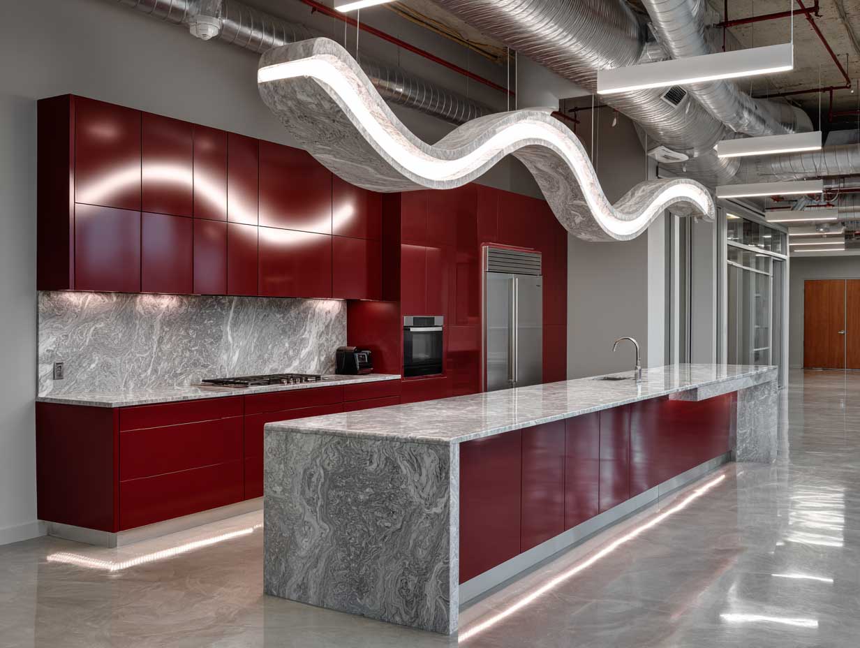 modern kitchen, bold sculptural lighting fixture, matte red cabinets, marble countertops, ultra-modern interior, under-cabinet LED glow, reflective surfaces, high ceiling, sleek urban setting, no people, dramatic contrast